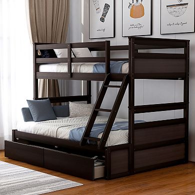 Trikiousd Twin Over Full Bunk Bed Kids Solid Wood Bed Frame with 2 Under Bed Storage Drawers