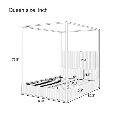 Trikiousd Modern Canopy Bed Four Poster Bed Corduroy Upholstered Platform Bed with Tall Headboard
