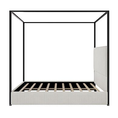 Trikiousd Modern Canopy Bed Four Poster Bed Corduroy Upholstered Platform Bed with Tall Headboard