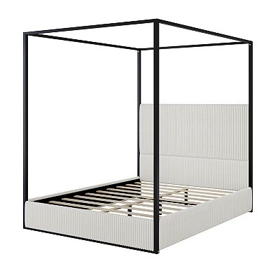 Trikiousd Modern Canopy Bed Four Poster Bed Corduroy Upholstered Platform Bed with Tall Headboard