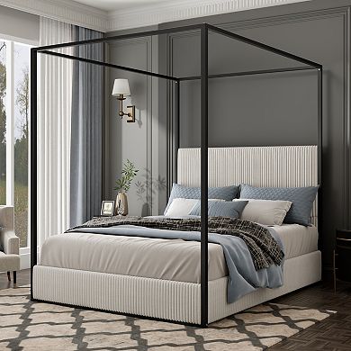 Trikiousd Modern Canopy Bed Four Poster Bed Corduroy Upholstered Platform Bed with Tall Headboard