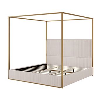 Trikiousd Modern Canopy Bed Four Poster Bed Corduroy Upholstered Platform Bed with Tall Headboard