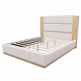Trikiousd Modern Wood Base Grounded Bed Upholstered Platform Bed with Extended Wood Headboard