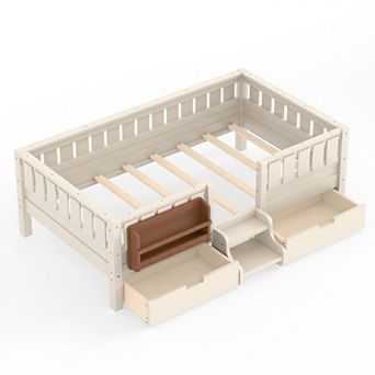 Trikiousd Platform Bed w/ 2 Drawers & Bookshelves, Kids Wood Bed Daybed Frame w/ Low-Profile Stairs