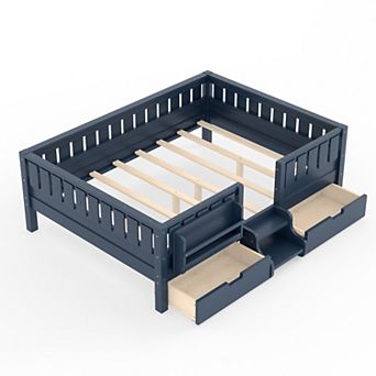 Trikiousd Platform Bed w/ 2 Drawers & Bookshelves, Kids Wood Bed Daybed Frame w/ Low-Profile Stairs