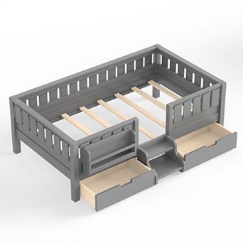 Trikiousd Platform Bed w/ 2 Drawers & Bookshelves, Kids Wood Bed Daybed Frame w/ Low-Profile Stairs