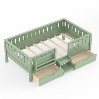 Trikiousd Platform Bed w/ 2 Drawers & Bookshelves, Kids Wood Bed Daybed Frame w/ Low-Profile Stairs