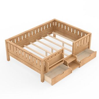 Trikiousd Platform Bed w/ 2 Drawers & Bookshelves, Kids Wood Bed Daybed Frame w/ Low-Profile Stairs