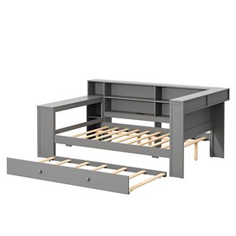 Trikiousd Corner Bed Frame LED Wood Daybed w/ Trundle, Storage Shelves, Desk & Charging Station