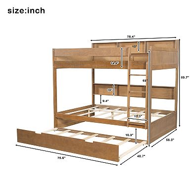 Trikiousd Full Over Full Bunk Bed w/ Trundle & Built-in Storage Shelves, Solid Wood Bed Frame