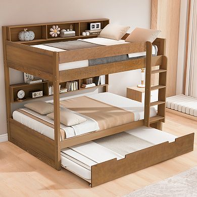 Trikiousd Full Over Full Bunk Bed w/ Trundle & Built-in Storage Shelves, Solid Wood Bed Frame