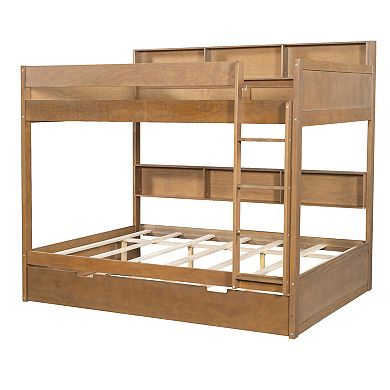 Trikiousd Full Over Full Bunk Bed w/ Trundle & Built-in Storage Shelves, Solid Wood Bed Frame