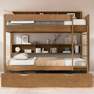 Trikiousd Full Over Full Bunk Bed w/ Trundle & Built-in Storage Shelves, Solid Wood Bed Frame