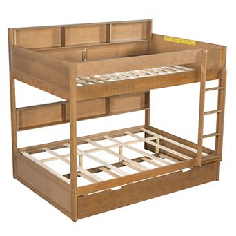 Trikiousd Full Over Full Bunk Bed w/ Trundle & Built-in Storage Shelves, Solid Wood Bed Frame