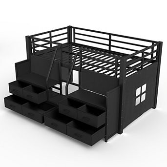 Trikiousd Twin Size Low Loft Bed w/ 8 Non-Woven Fabric Storage Drawers, LED Metal Bed Frame for Kids