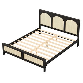 Trikiousd Bohemian Bed Frame Wood Platform Panel Bed with Rattan Headboard and Footboard
