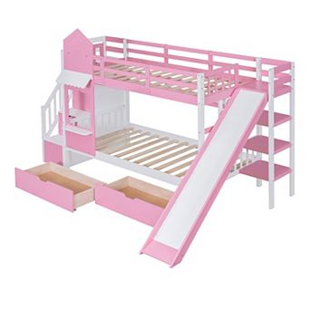 Trikiousd Castle Style Bunk Bed Wood Kids Bed Frame with Storage Stairs, 2 Drawers & 3 Shelves