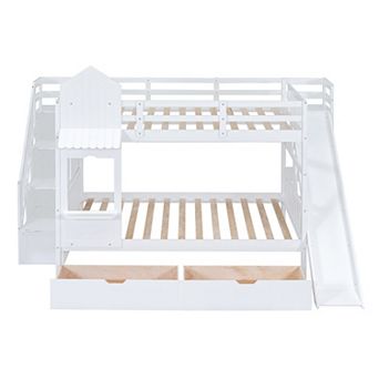 Trikiousd Castle Style Bunk Bed Wood Kids Bed Frame with Storage Stairs, 2 Drawers & 3 Shelves