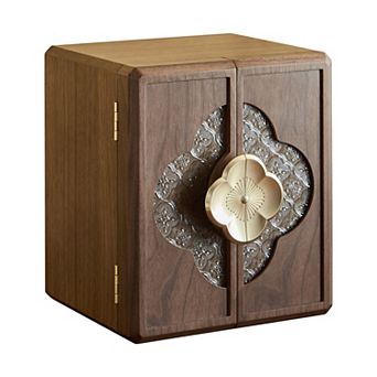 5 tier Walnut Wood Jewelry Box Double Door with Begonia Flower Metal Handle