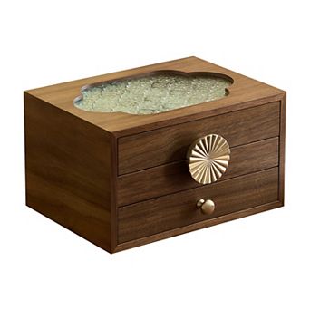Walnut Jewelry Box Organizer with Glass Lid Metal Pulls