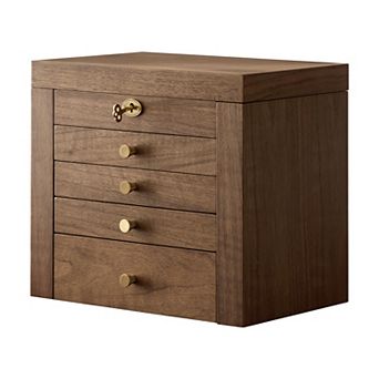 5-Layer Wooden Jewelry Organizer Box with Lock and Key Interior Mirror