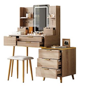 Trikiousd 6 Drawers Dresser Makeup Vanity Desk with LED Mirror, Fluted Dressing Table with PU Stool