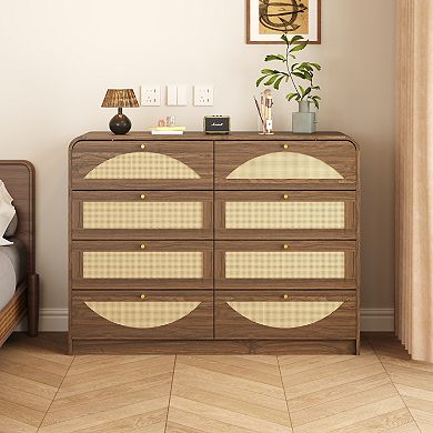Trikiousd 8 Drawer Rattan Dresser Storage Cabinet