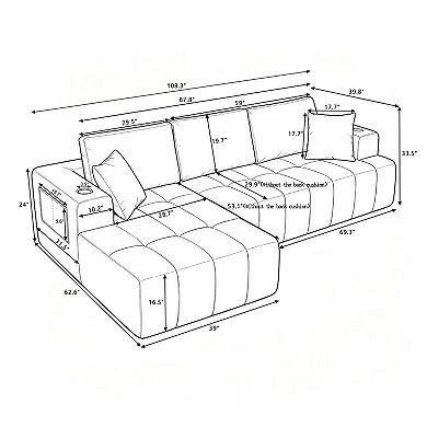 Trikiousd 108" L-Shaped Chenille Cloud Sectional Sofa with Chaise and Cup Holders