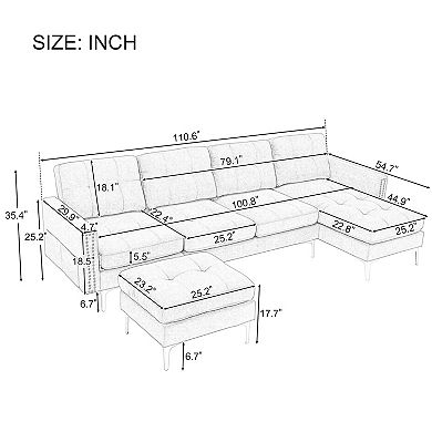 Trikiousd 110.6" Convertible L-Shaped Sectional Sofa with Movable Ottoman