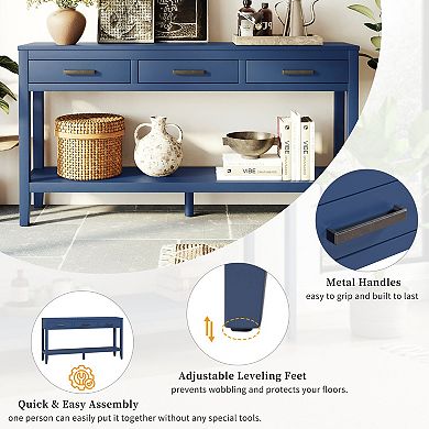 Trikiousd 59.1" Farmhouse Console Table with 3 Drawers, Shelf & Aluminum Handles