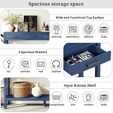 Trikiousd 59.1" Farmhouse Console Table with 3 Drawers, Shelf & Aluminum Handles