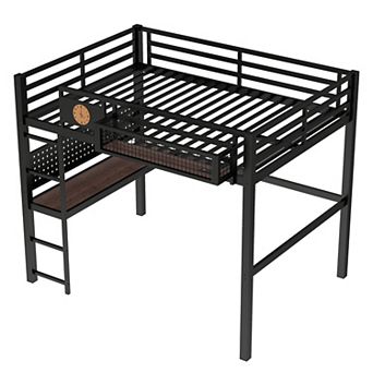 Pnronnc Kids Loft Bed Metal Frame Platform Bed wL-shape Desk, Storage Basket, Clock, Charging Port