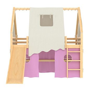 Pnronnc House Shape Bed Solid Wood Loft Bed with Sills and Tents, Space-Saving Loft Bed with Lights