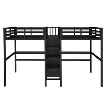 Pnronnc 2-in-1 Loft Bed Twin Over Twin Metal Bed with 2 Desk, Wardrobe, Shelves, Electrical Outlet
