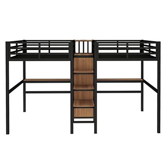 Pnronnc 2-in-1 Loft Bed Twin Over Twin Metal Bed with 2 Desk, Wardrobe, Shelves, Electrical Outlet
