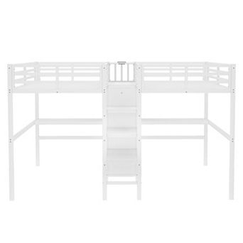 Pnronnc 2-in-1 Loft Bed Twin Over Twin Metal Bed with 2 Desk, Wardrobe, Shelves, Electrical Outlet