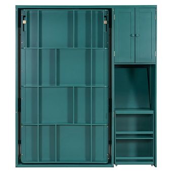 Pnronnc 2-in-1 Rotating Wall Murphy Beds with Bookshelf, Top Cabinet, Extendable Desk & Side Storage