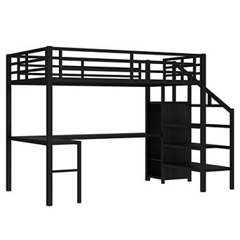 Pnronnc Kids Loft Bed with L-shaped Desk and USB, Metal Bed with Wardrobe, Adjustable Shelf and LED