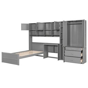 Pnronnc Bookcase Captains Bed Wood Twin Storage Platform Bed with Desk, Wardrobe, Cabinets, Drawers