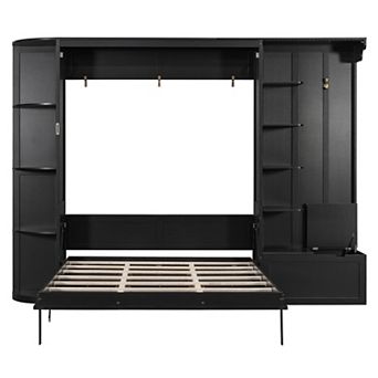 Pnronnc Space-Saving Wall Bed Queen Size Murphy Bed Hidden Fold Bed Built-in Shelves, Cabinets, Hook