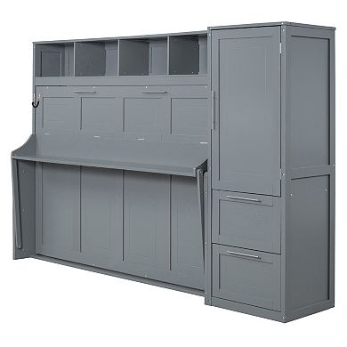 Pnronnc Folding Wall Bed Murphy Frame Queen Size Daybed with Closet and Drawers