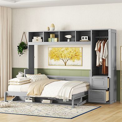 Pnronnc Folding Wall Bed Murphy Frame Queen Size Daybed with Closet and Drawers