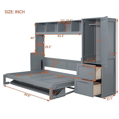 Pnronnc Folding Wall Bed Murphy Frame Queen Size Daybed with Closet and Drawers
