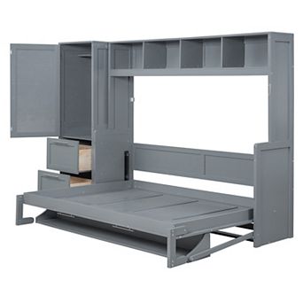 Pnronnc Folding Wall Bed Murphy Frame Queen Size Daybed with Closet and Drawers
