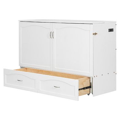 Pnronnc Convertible Murphy Queen Size Bed Folding Platform Wall Cabinet Bed with Drawer and USB