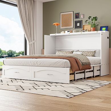 Pnronnc Convertible Murphy Queen Size Bed Folding Platform Wall Cabinet Bed with Drawer and USB