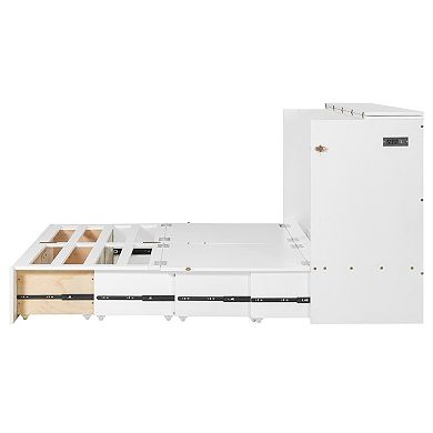 Pnronnc Convertible Murphy Queen Size Bed Folding Platform Wall Cabinet Bed with Drawer and USB