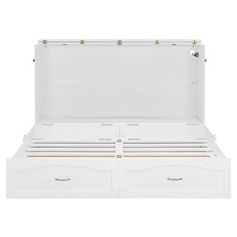 Pnronnc Convertible Murphy Queen Size Bed Folding Platform Wall Cabinet Bed with Drawer and USB