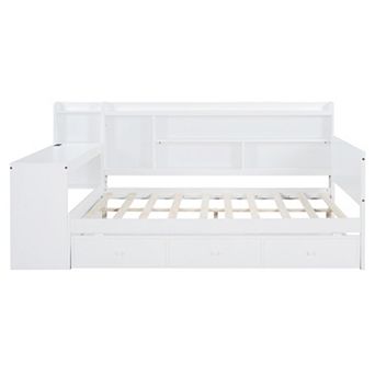 Pnronnc Wooden Bookcase Captains Bed with 3 Drawers, USB Ports and Desk