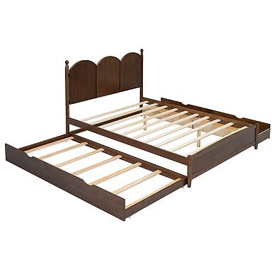 Pnronnc Queen Size Low Profile Platform Bed with Arc Headboard, 2 Drawers and Twin XL Size Trundle